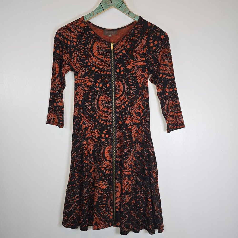 Bel Kazan Zipper Front 3/4 Sleeve Pocket A-line Orange Black Mini Dress, XS
